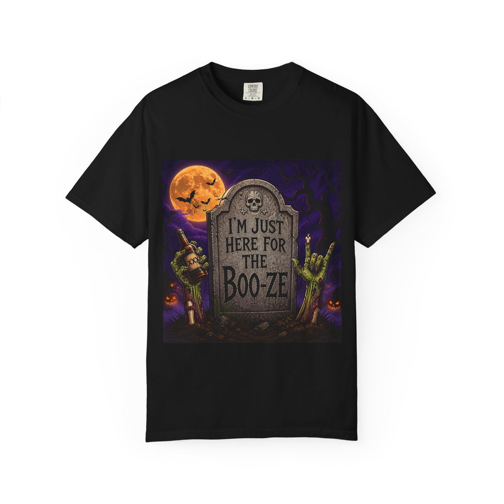 Halloween Tee — "I'm Just Here for the Boo-ze" Tombstone Design