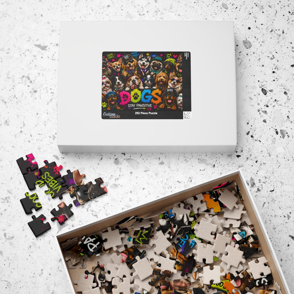 Dog Collage Puzzle — “Dogs Stay Pawsitive” Colorful 110/252-Piece Jigsaw