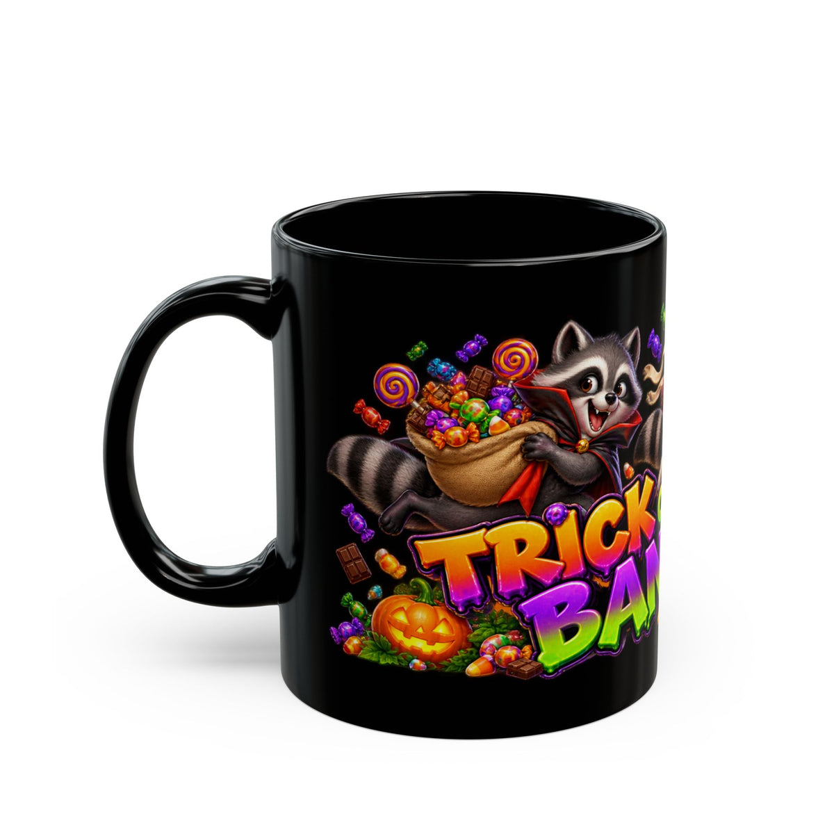 Trick or Treat Bandits Raccoons Halloween Black Mug