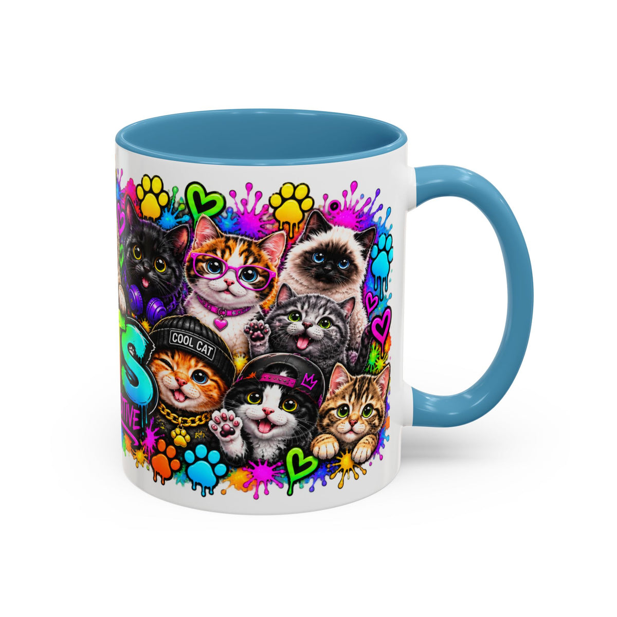 Cats Stay Pawsitive Accent Coffee Mug – Colorful Cute Cat Paw Print Design (11oz)