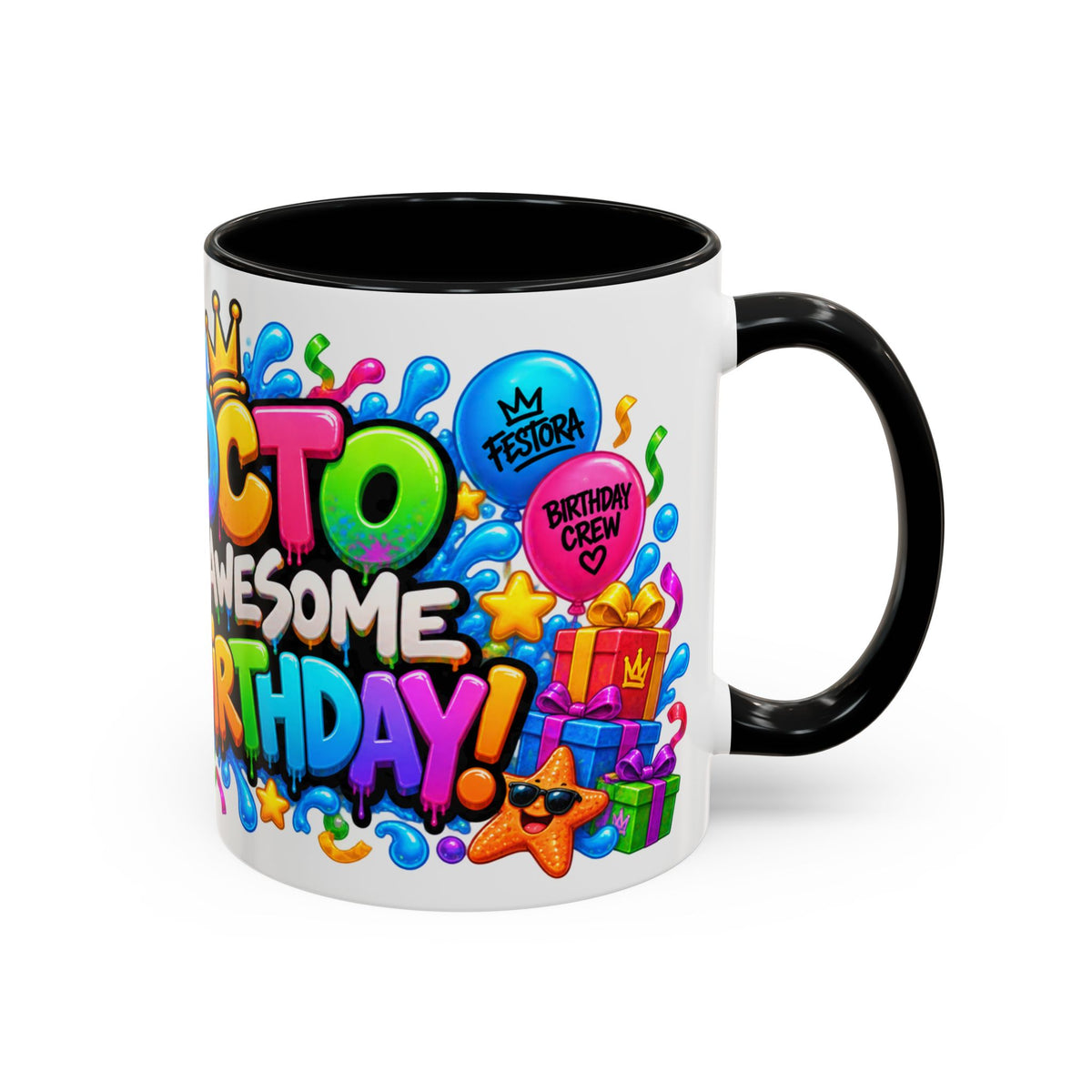 OCTO AWESOME BIRTHDAY! White Ceramic Mug – Funny Octopus Birthday Coffee Cup – Colorful Party Gift – Original FestoraShop Design