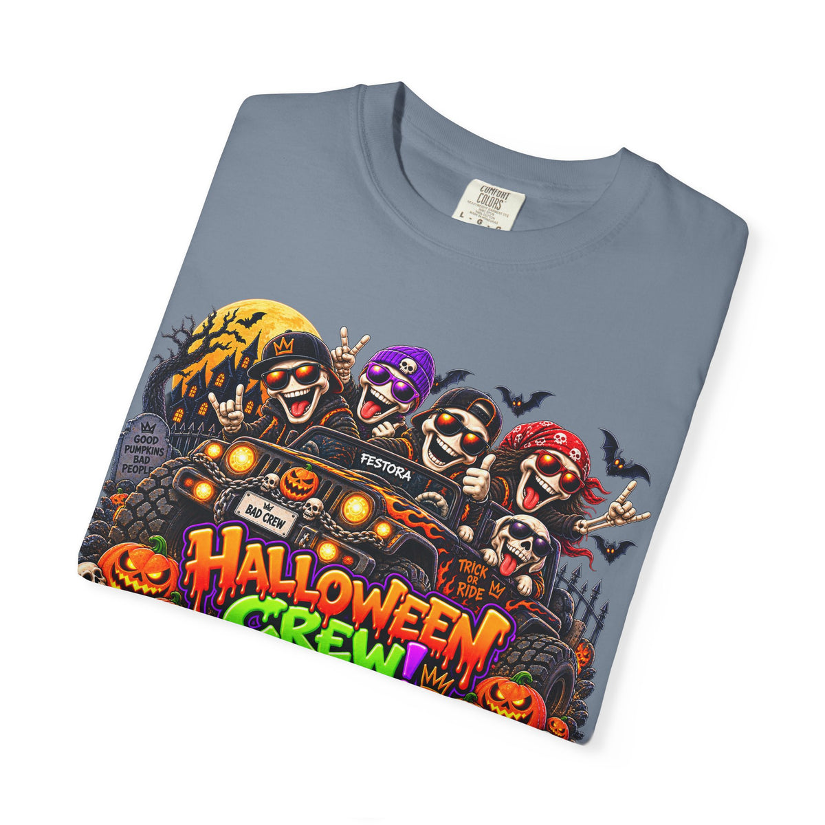 Halloween Crew T-Shirt – Skeleton Jeep Spooky Graphic Tee