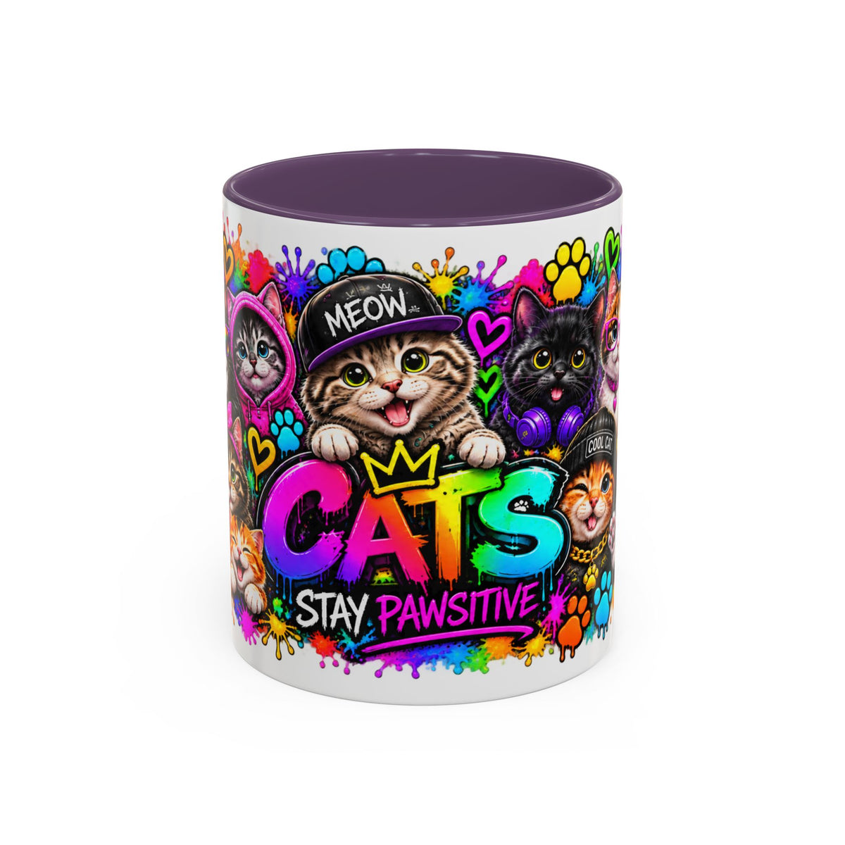 Cats Stay Pawsitive Accent Coffee Mug – Colorful Cute Cat Paw Print Design (11oz)