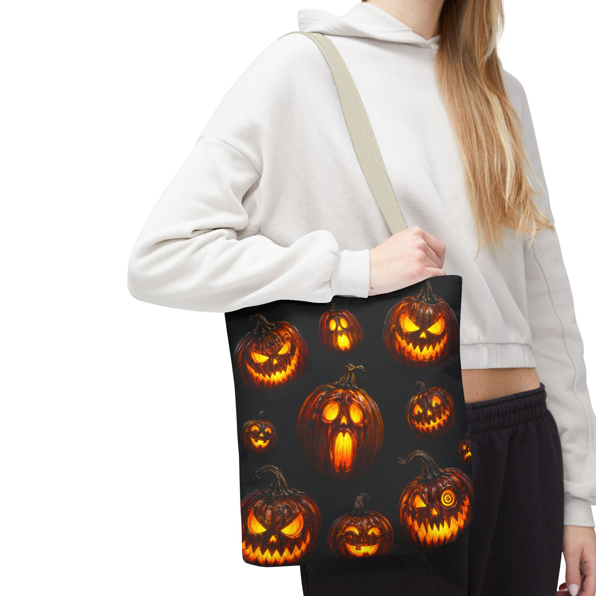Halloween Jack-o'-Lantern Tote Bag — Spooky Pumpkin All-Over Print Trick-or-Treat Tote