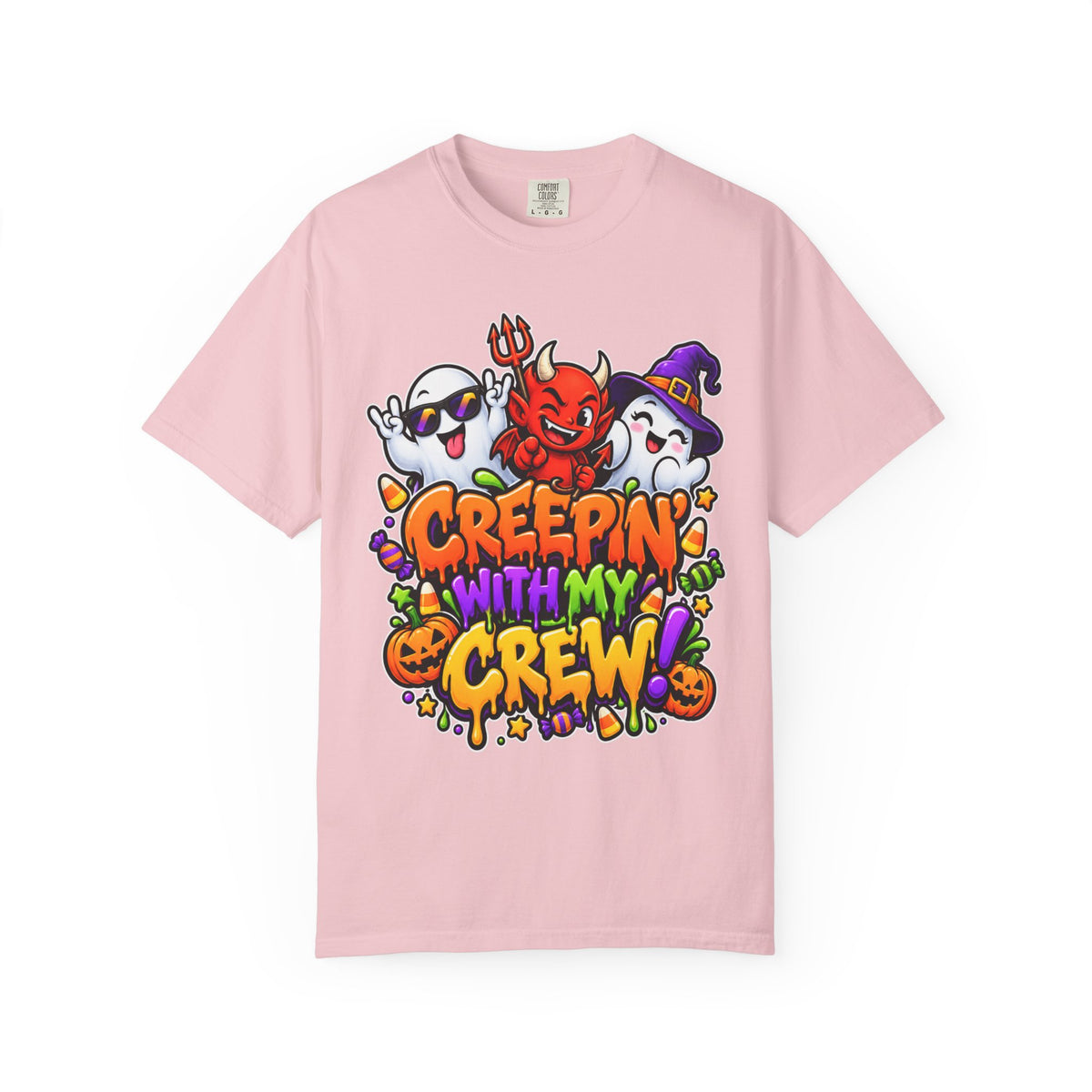 Creepin’ With My Crew Halloween T-Shirt – Colorful Funny Ghost & Devil Graphic Tee