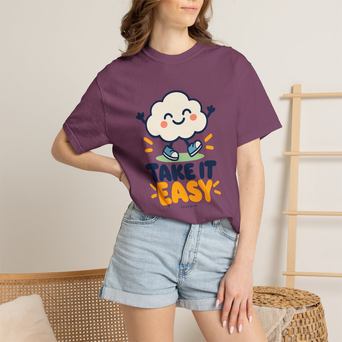Take It Easy – Happy Cloud Graphic T-Shirt | Festora Everyday
