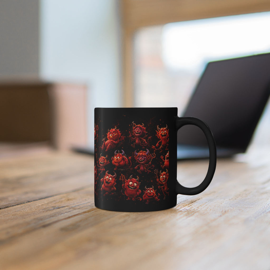 Funny Red Devils Black  Mug — Cute  Halloween  Demon Wraparound Pattern (11oz/15oz)