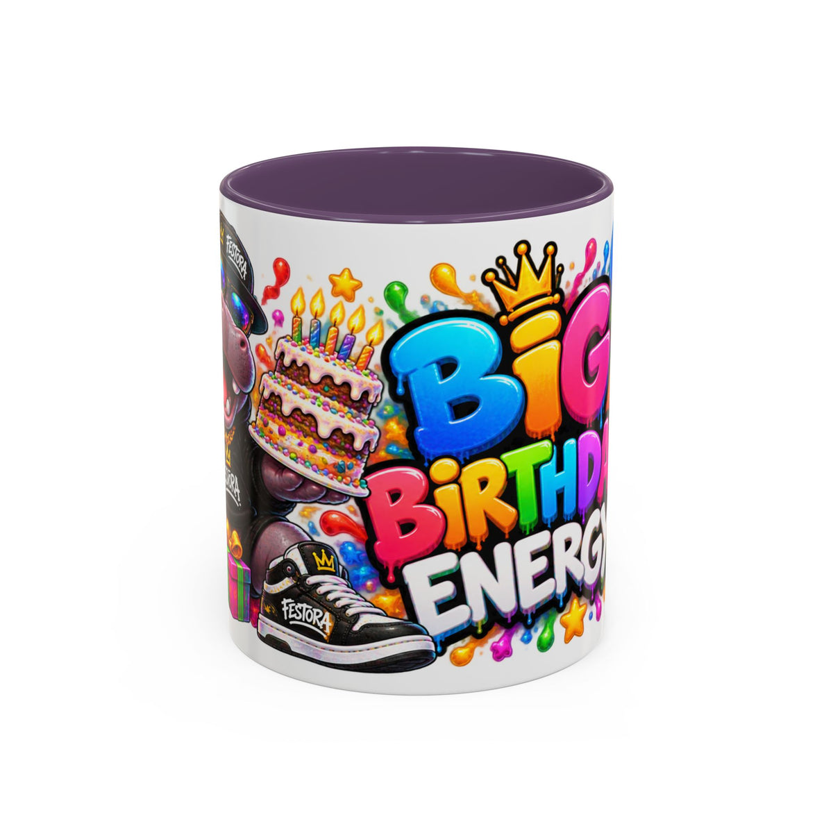 BIG BIRTHDAY ENERGY! White Ceramic Mug – Funny Hippo Birthday Coffee Cup – Colorful Party Gift – Original FestoraShop Design