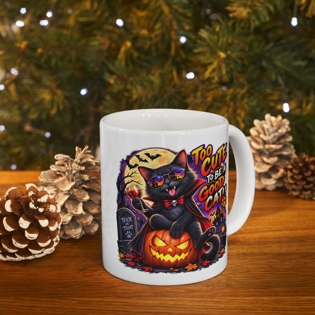 Halloween Cat Mug - “Too Cute to Be a Good Cat” Ceramic Coffee Cup (11oz/15oz)