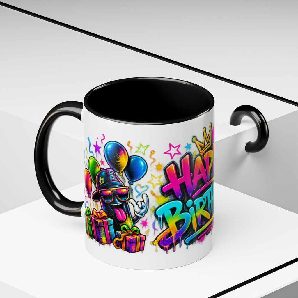 Happy Birthday Accent Coffee Mug – Colorful Graffiti Cake & Balloons (11/15oz)