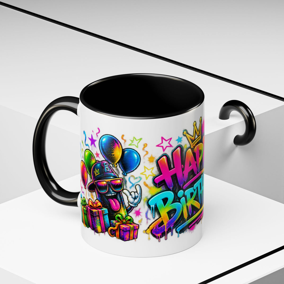 Happy Birthday Accent Coffee Mug – Colorful Graffiti Cake & Balloons (11/15oz)
