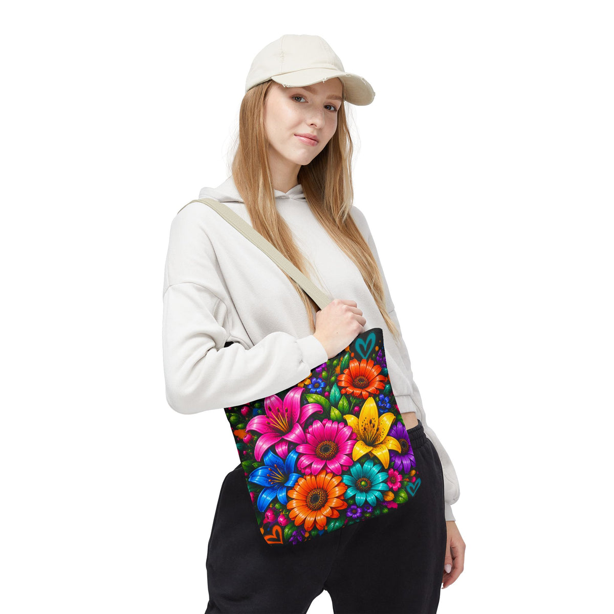 Festora Floral Burst Tote Bag — Colorful Flowers on Black
