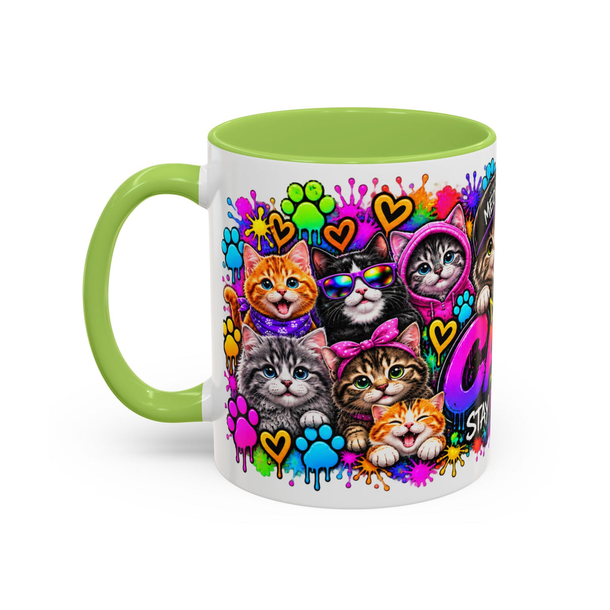 Cats Stay Pawsitive Accent Coffee Mug – Colorful Cute Cat Paw Print Design (11oz)