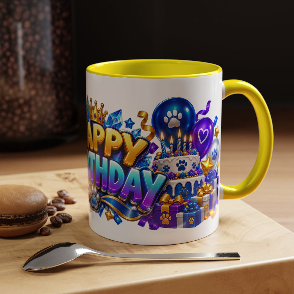 White Wolf Happy Birthday Mug – Blue Purple & Gold Birthday Gift – FestoraShop White Coffee Mug
