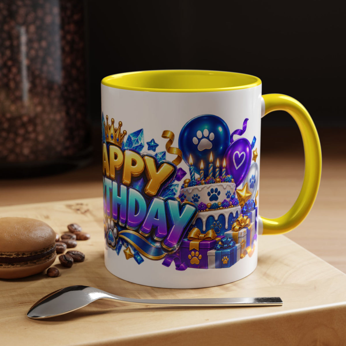 White Wolf Happy Birthday Mug – Blue Purple & Gold Birthday Gift – FestoraShop White Coffee Mug