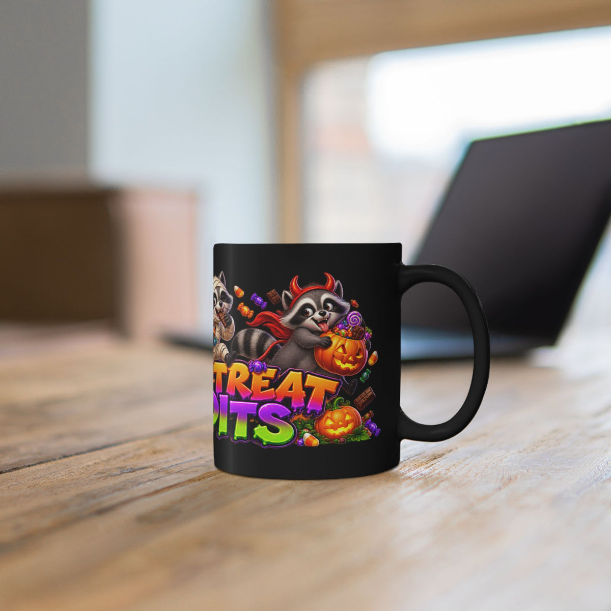 Trick or Treat Bandits Raccoons Halloween Black Mug