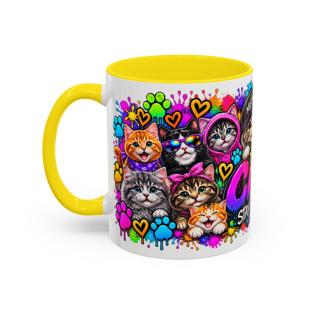 Cats Stay Pawsitive Accent Coffee Mug – Colorful Cute Cat Paw Print Design (11oz)