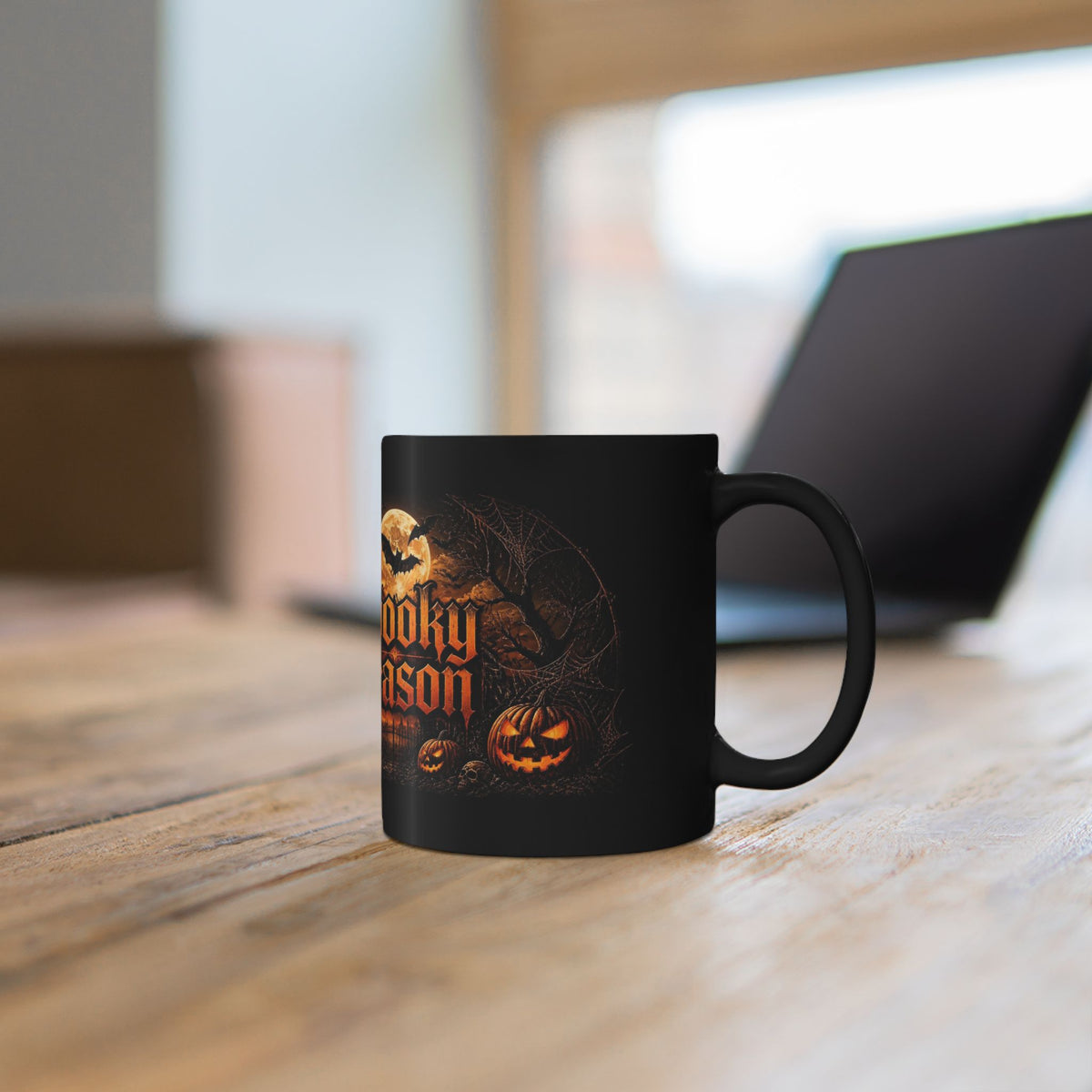 Spooky Season Black Mug – Halloween Pumpkin & Bat Coffee Cup (11oz/15oz)