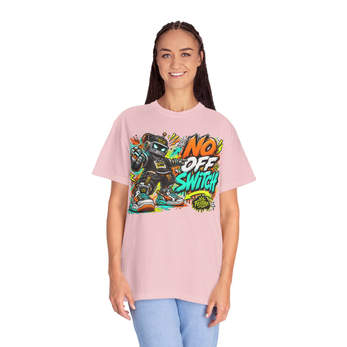No Off Switch Robot Graphic T-Shirt — Bold Retro Streetwear Design