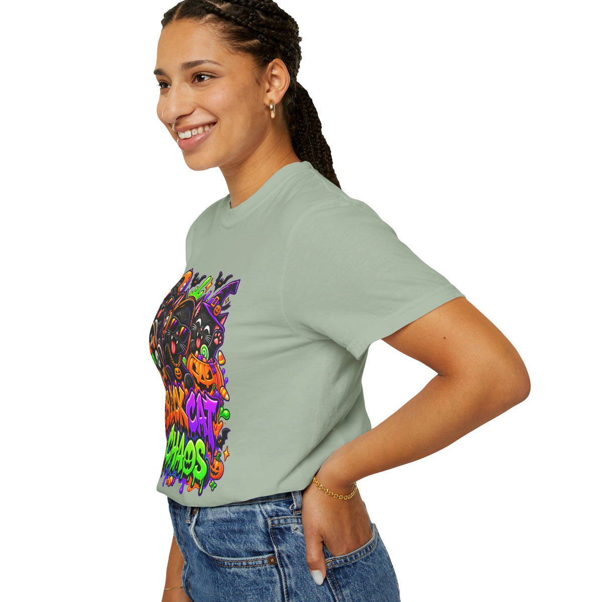 Neon Black Cat Halloween Chaos T-Shirt | Cute Spooky Cat Graphic Tee