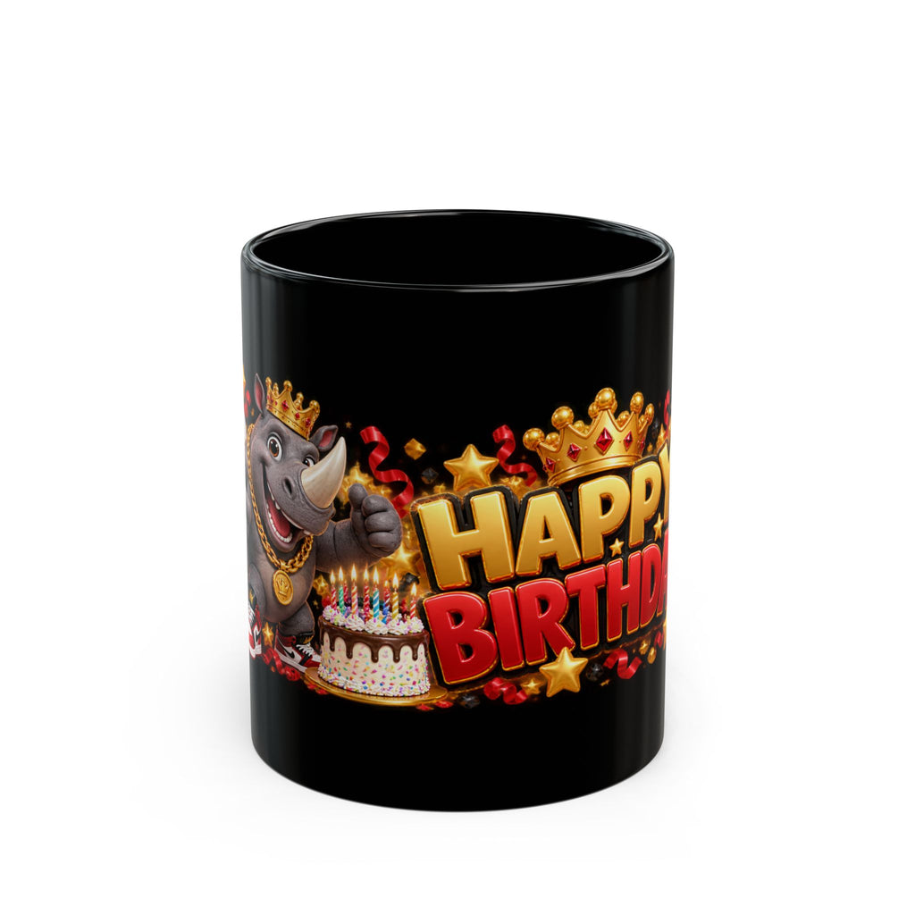 Happy Birthday Rhino Mug – Bold 3D Birthday Design – Black Coffee Mug