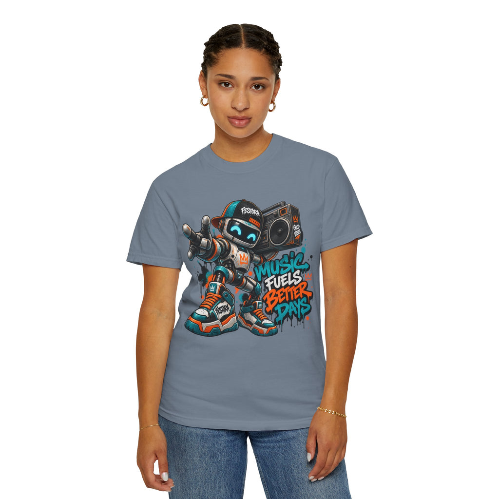 Music Fuels Better Days T-Shirt — Retro Robot Boombox Streetwear