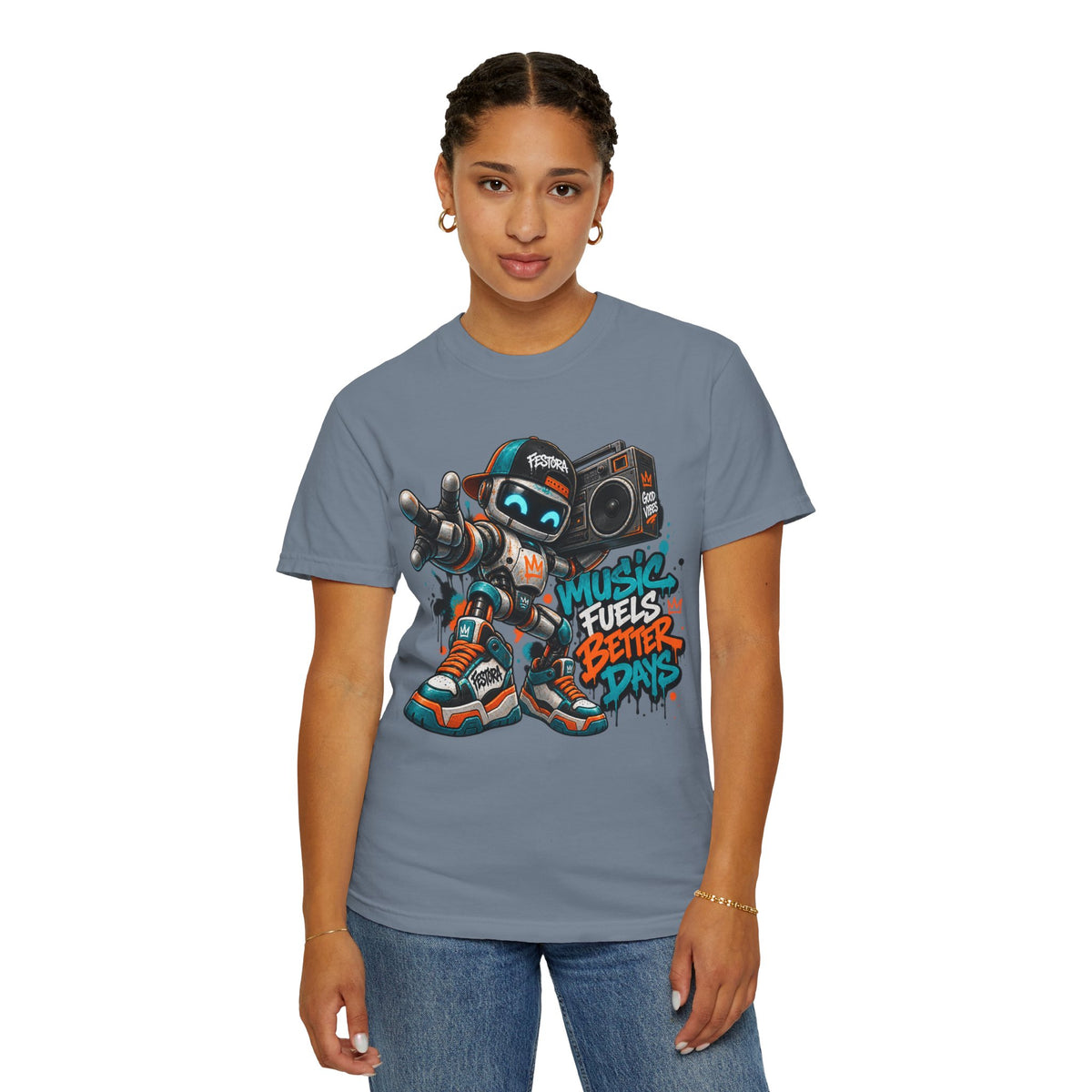 Music Fuels Better Days T-Shirt — Retro Robot Boombox Streetwear
