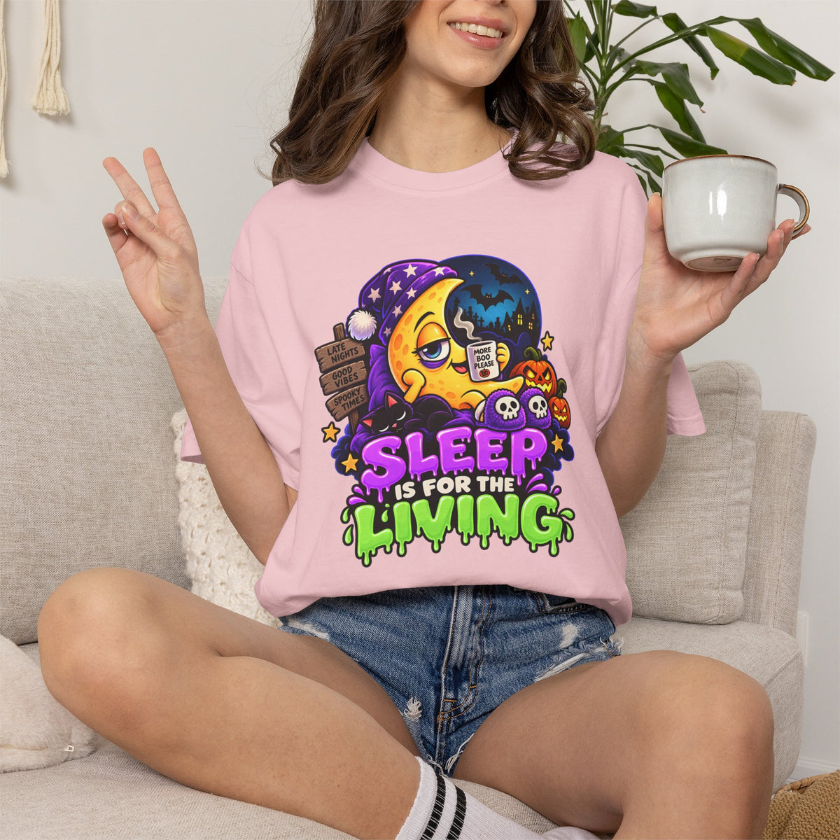 Sleep Is for the Living – Funny Halloween Moon T-Shirt