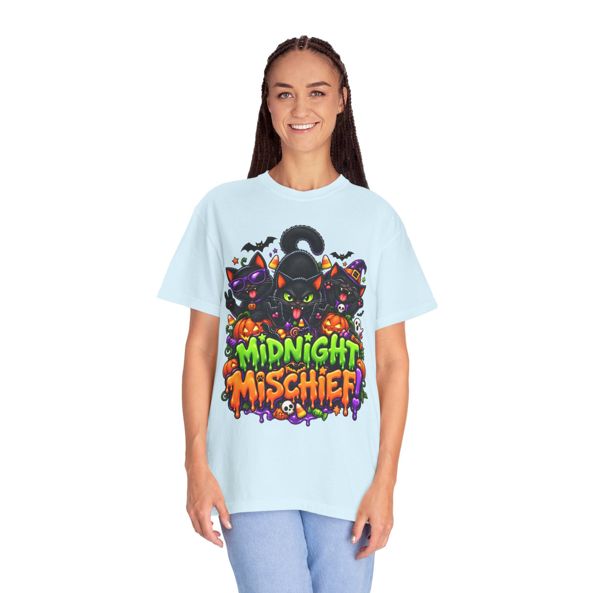 Midnight Mischief Halloween T-Shirt – Funny Black Cat Graphic Tee