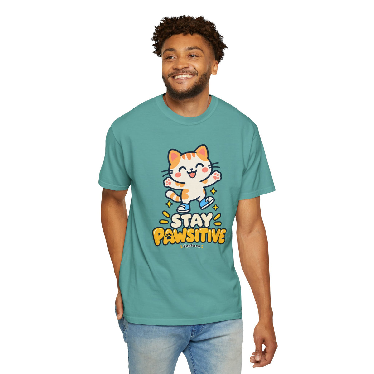 Stay Pawsitive – Cute Happy Cat Graphic T-Shirt