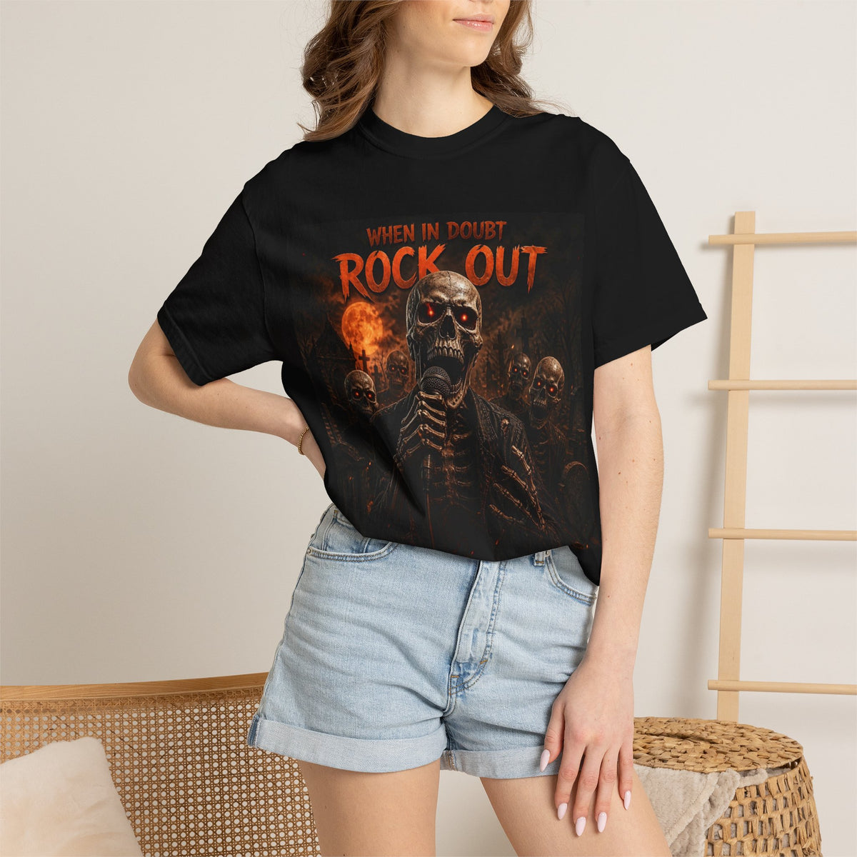 Rock Out Skeleton Halloween  Band T-Shirt — "When in Doubt Rock Out" Graphic Tee