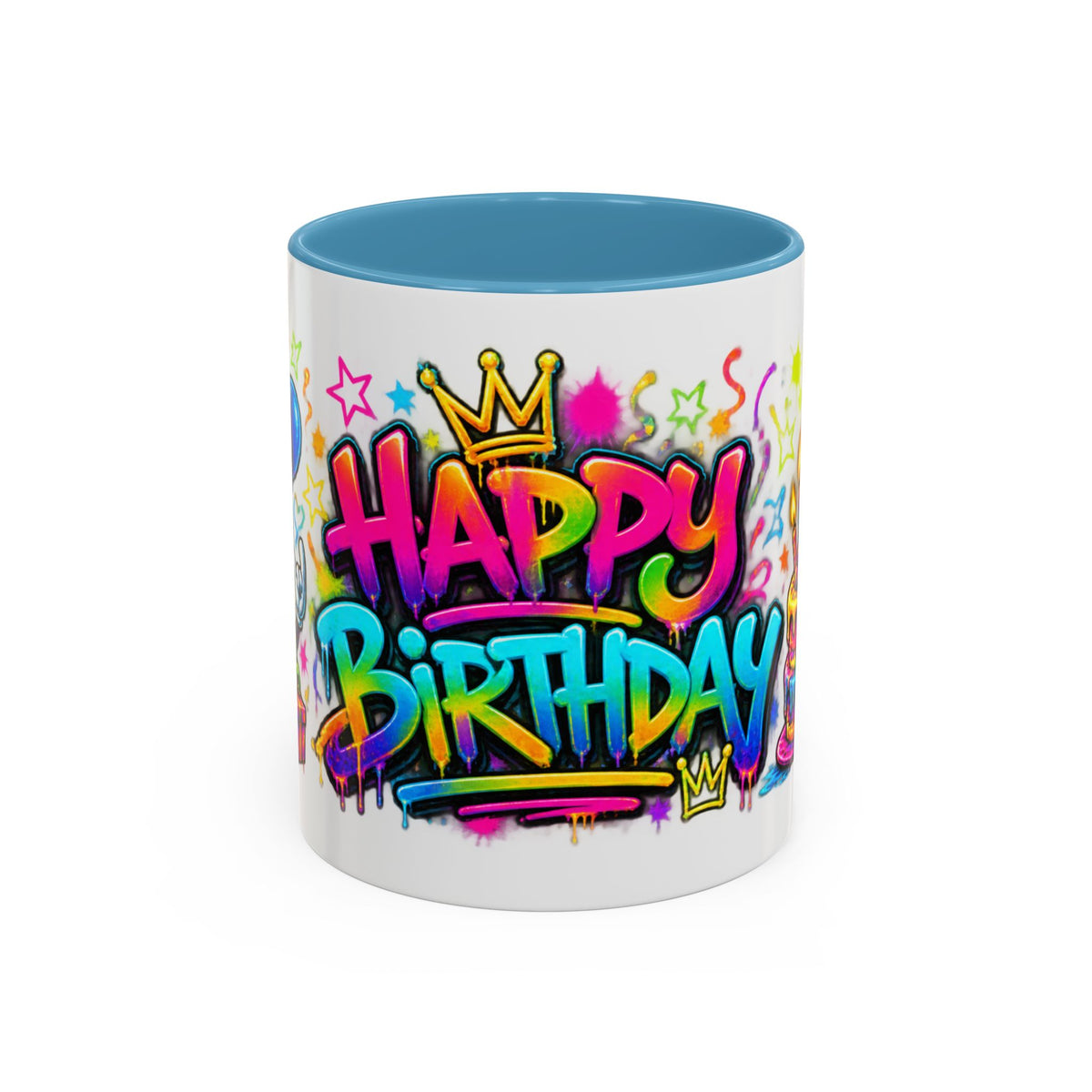 Happy Birthday Accent Coffee Mug – Colorful Graffiti Cake & Balloons (11/15oz)