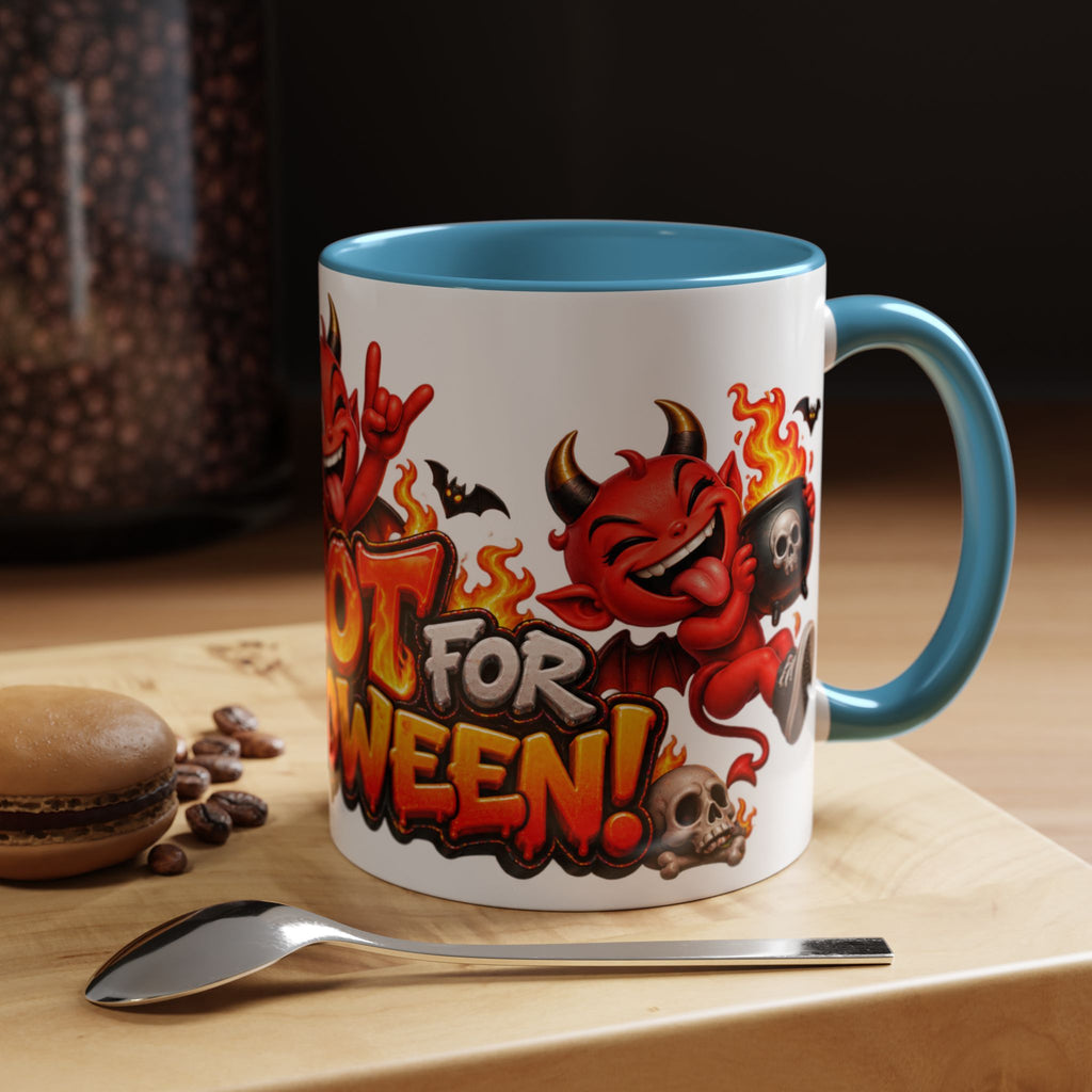 Too Hot for Halloween White Mug – Funny Devils, Flames & Spooky Design