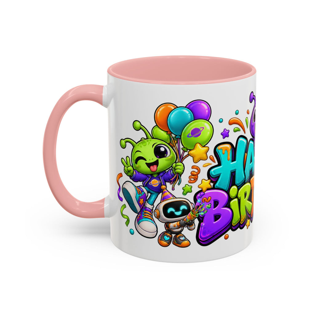 Happy Birthday Alien Mug – Colorful Space Party Cup with Cute Aliens & Robots