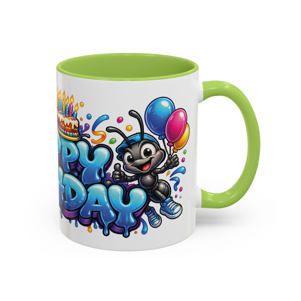 Happy Birthday Cartoon Mug – Graffiti Ants, Birthday Cake, Balloons & Confetti Coffee Cup
