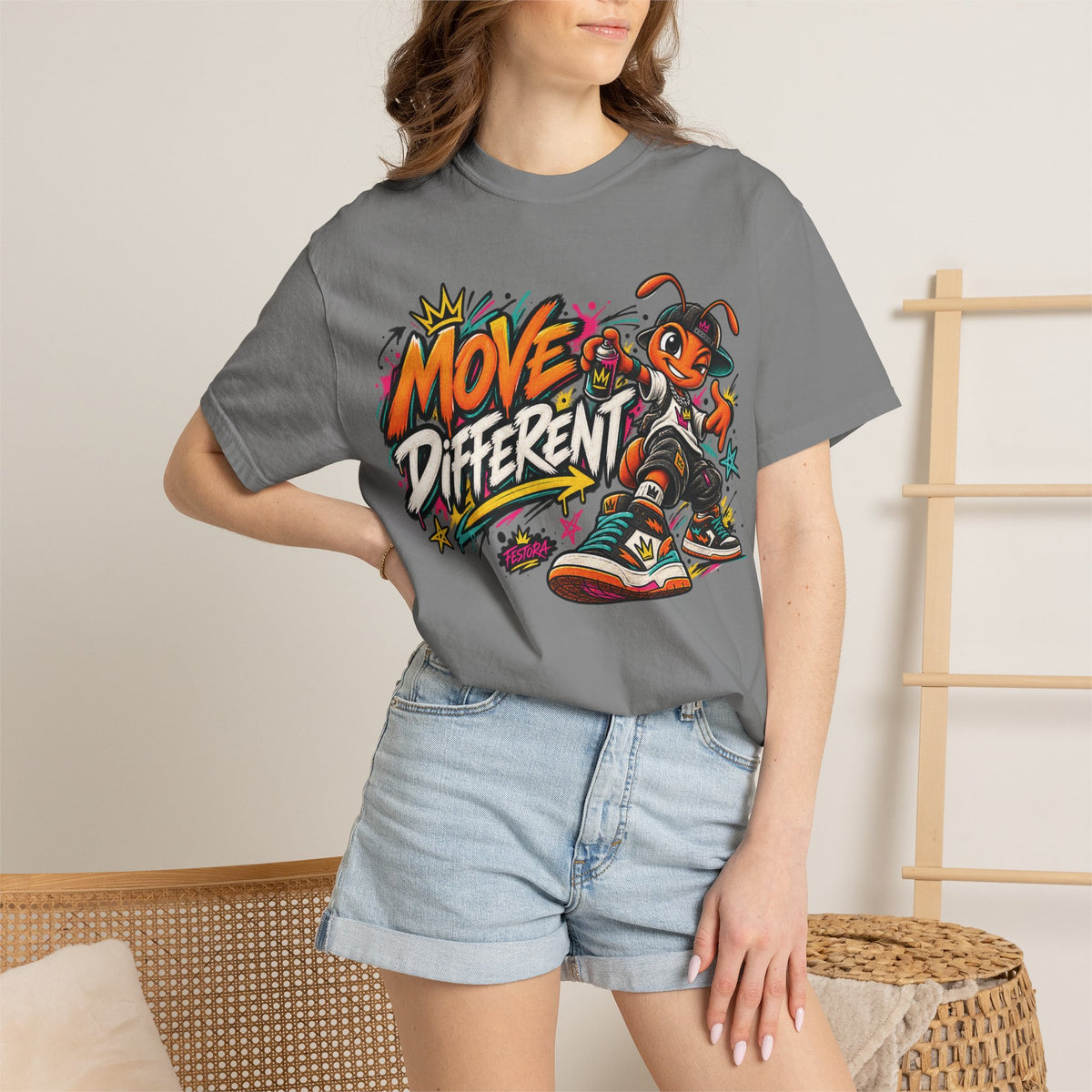 Move Different Graphic T-Shirt — Streetwear Skate Ant Mascot Design