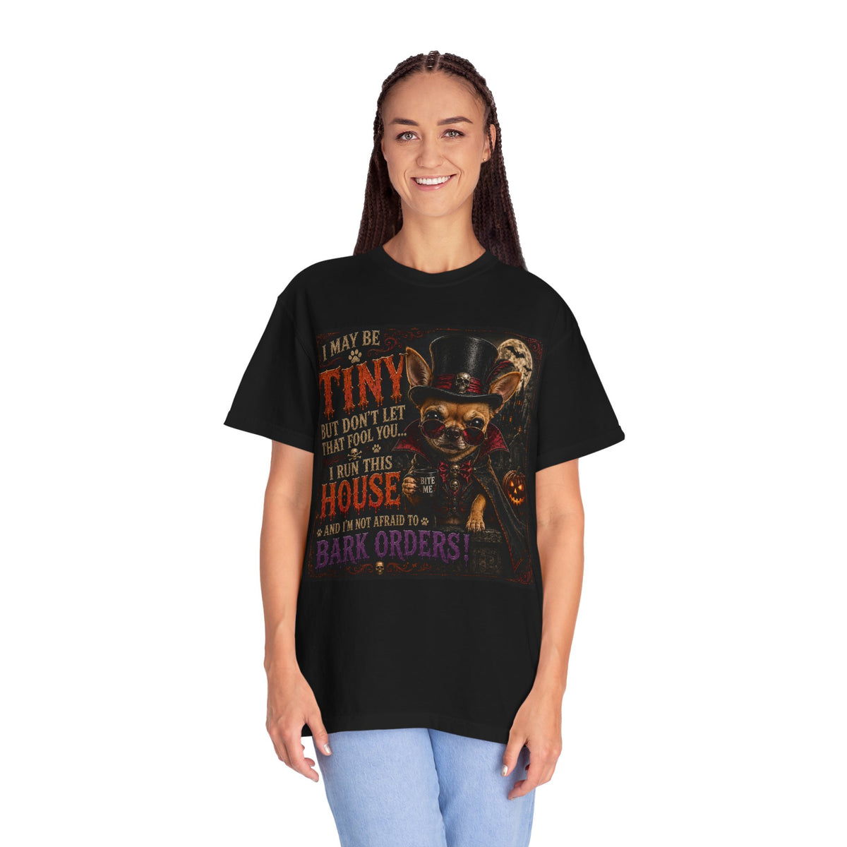 Tiny but Boss Chihuahua Halloween T-Shirt - "I Run This House"