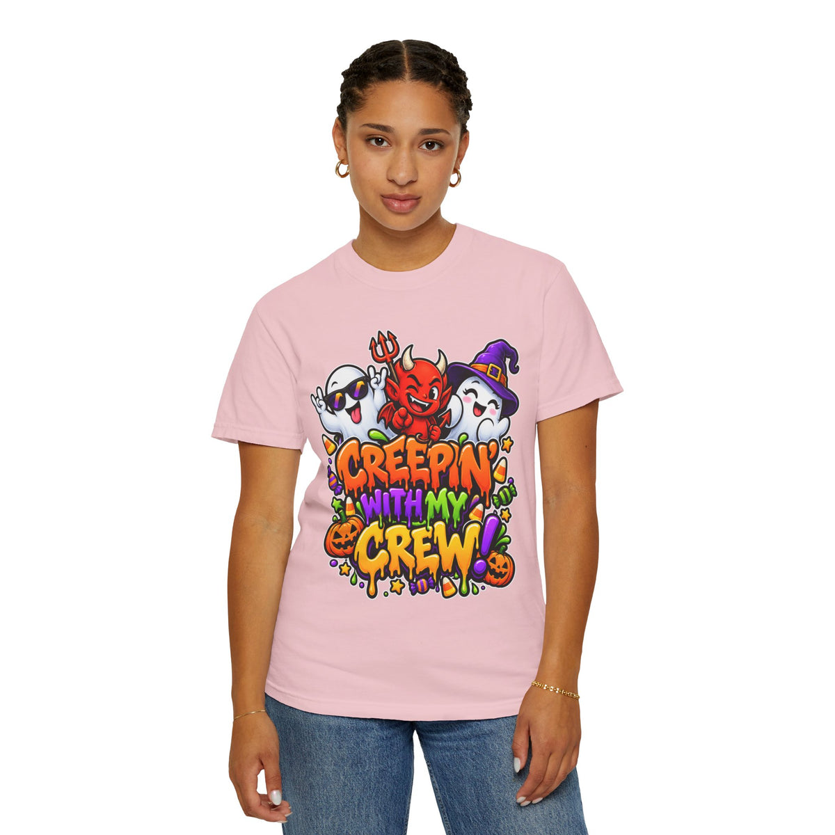 Creepin’ With My Crew Halloween T-Shirt – Colorful Funny Ghost & Devil Graphic Tee