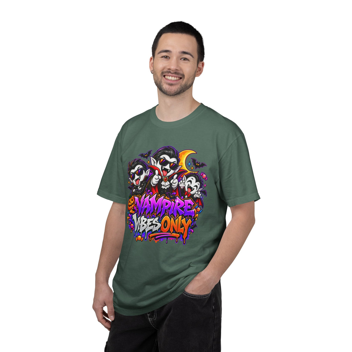Neon Vampire Vibes Halloween Unisex Garment-Dyed T-Shirt Featuring a Cool Festora Vampire Crew