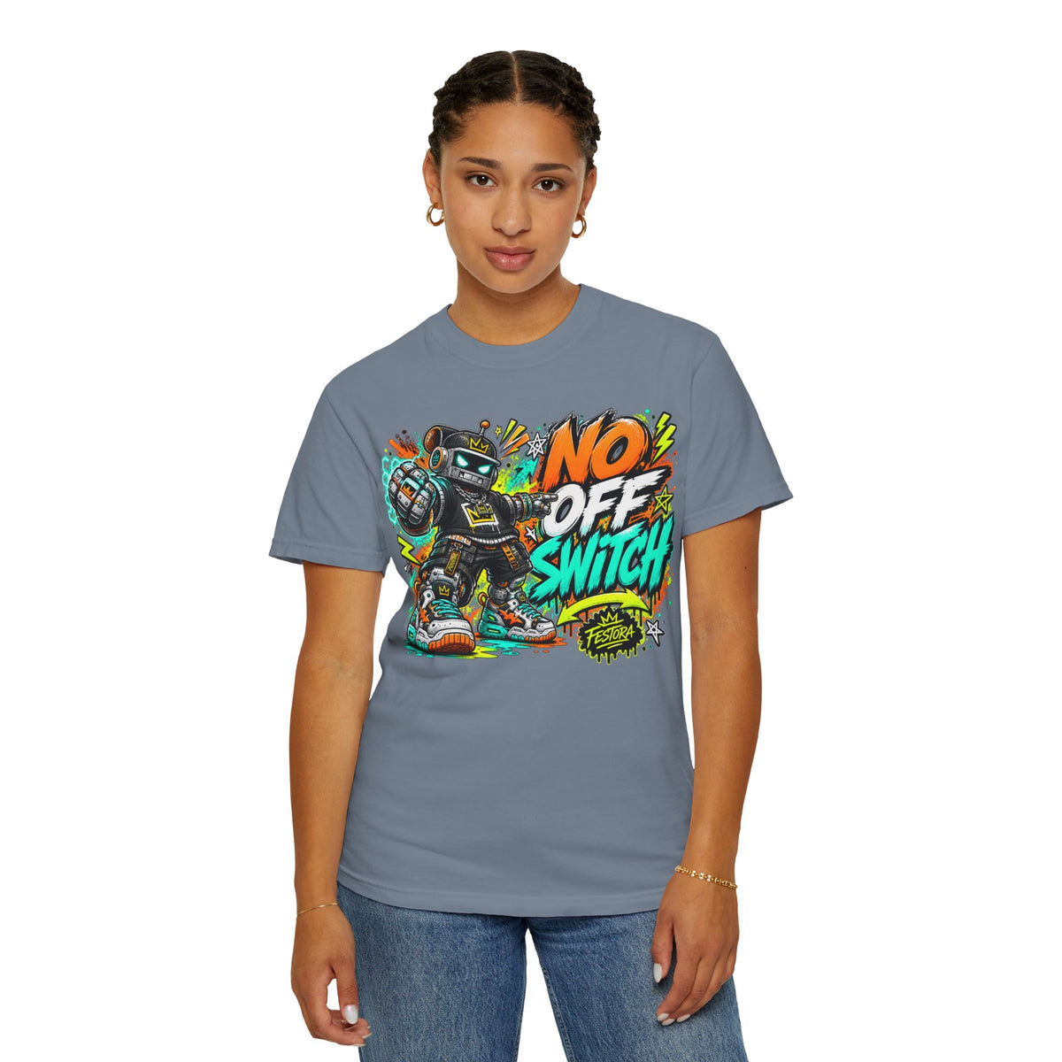 No Off Switch Robot Graphic T-Shirt — Bold Retro Streetwear Design