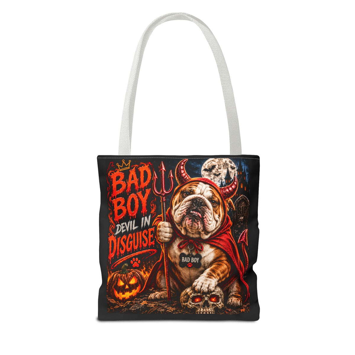 Halloween Bulldog Tote Bag – "Bad Boy Devil in Disguise" Gothic Pumpkin Skull Design
