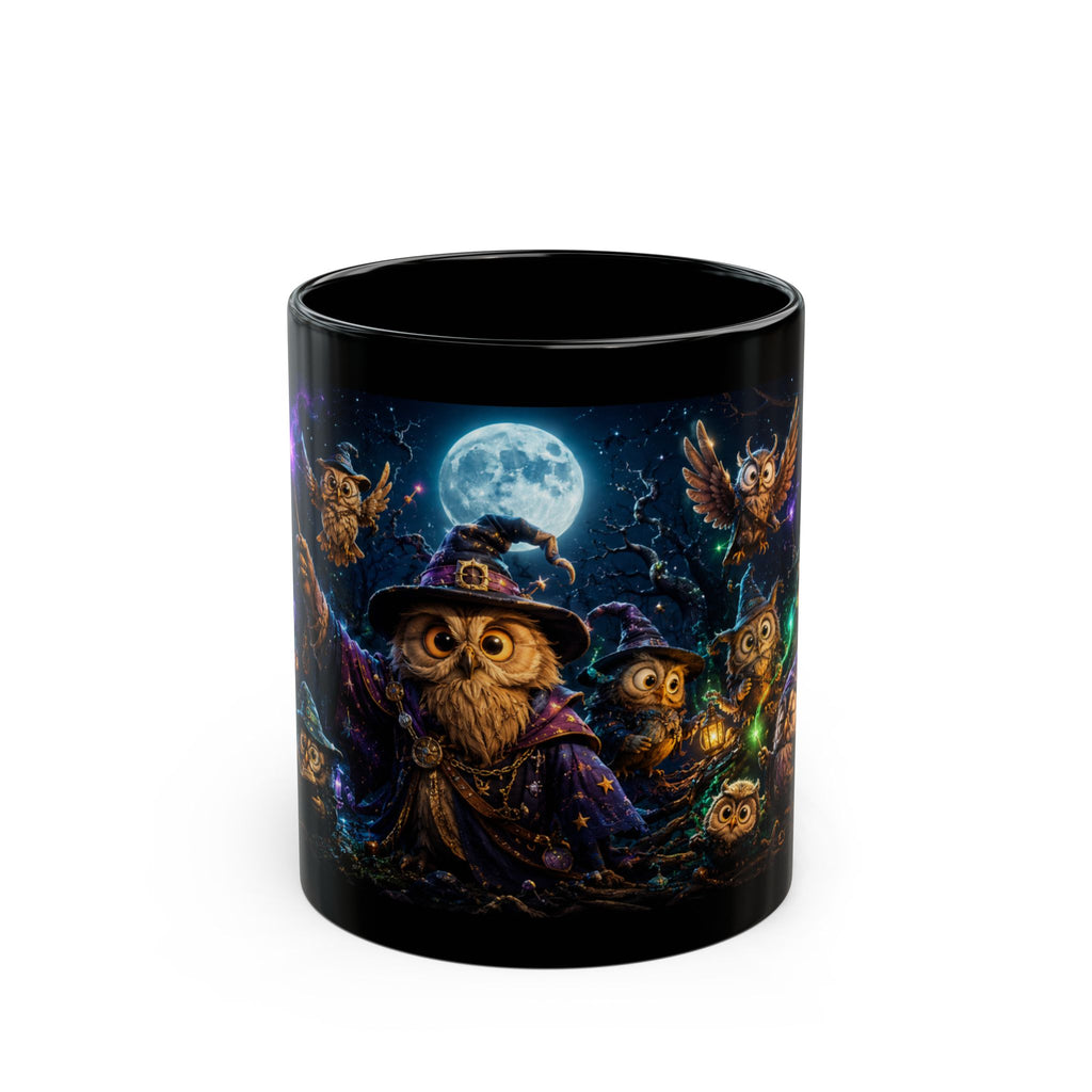 Halloween Owl Magic Black Mug — Witchy Owls Night Sky Coffee Cup (11oz/15oz)