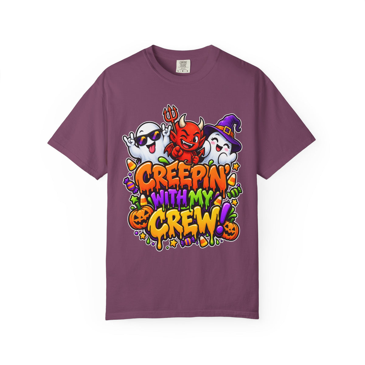 Creepin’ With My Crew Halloween T-Shirt – Colorful Funny Ghost & Devil Graphic Tee