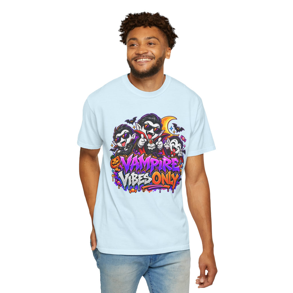 Neon Vampire Vibes Halloween Unisex Garment-Dyed T-Shirt Featuring a Cool Festora Vampire Crew