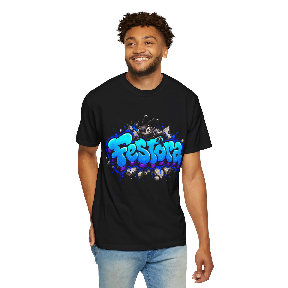 Festora Graffiti T-Shirt — Neon Blue Street Art Logo Tee