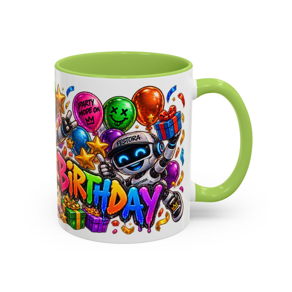 Birthday Robot Coffee Mug — Colorful Happy Birthday Accent Mug (11oz)