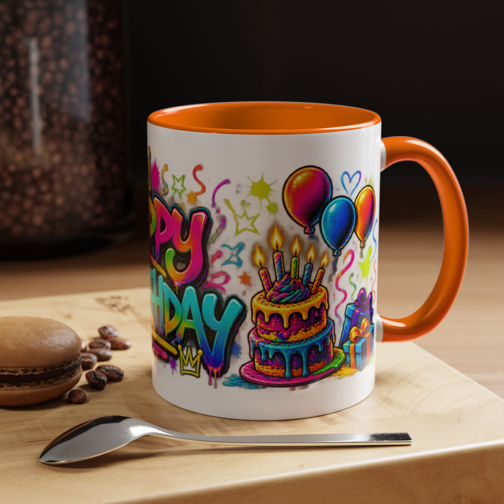 Happy Birthday Accent Coffee Mug – Colorful Graffiti Cake & Balloons (11/15oz)