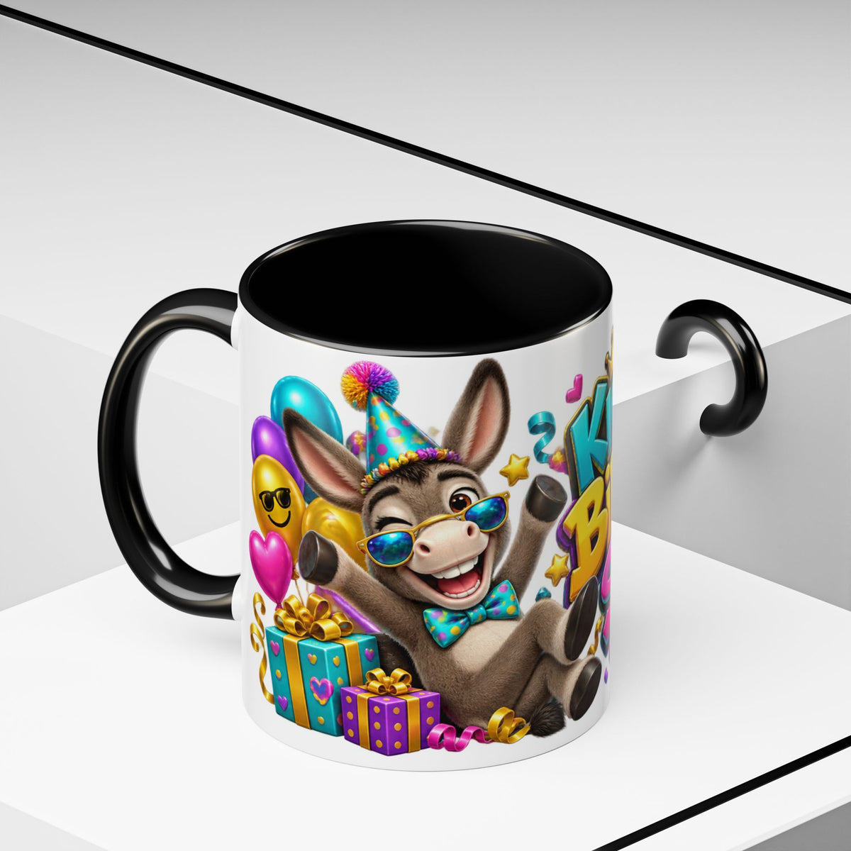 Kickin’ It Birthday Style Donkey White Mug – Funny Happy Birthday Party Cup, Cute Colorful Gift