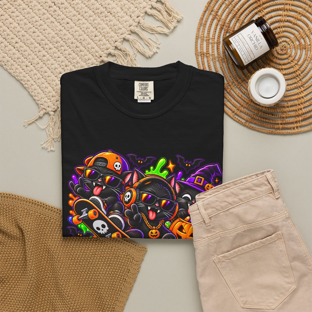 Neon Black Cat Halloween Chaos T-Shirt | Cute Spooky Cat Graphic Tee
