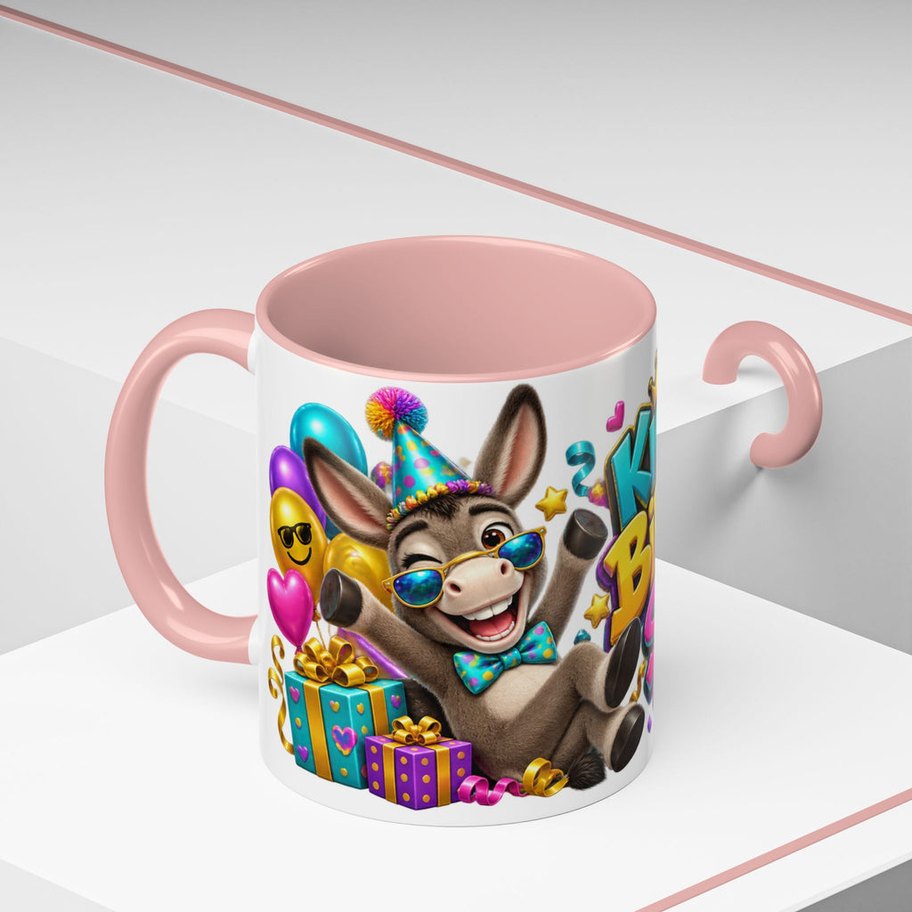 Kickin’ It Birthday Style Donkey White Mug – Funny Happy Birthday Party Cup, Cute Colorful Gift